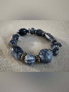 Snowflake Obsidian Gray Marble Bead Stretch Bracelet - Unbranded